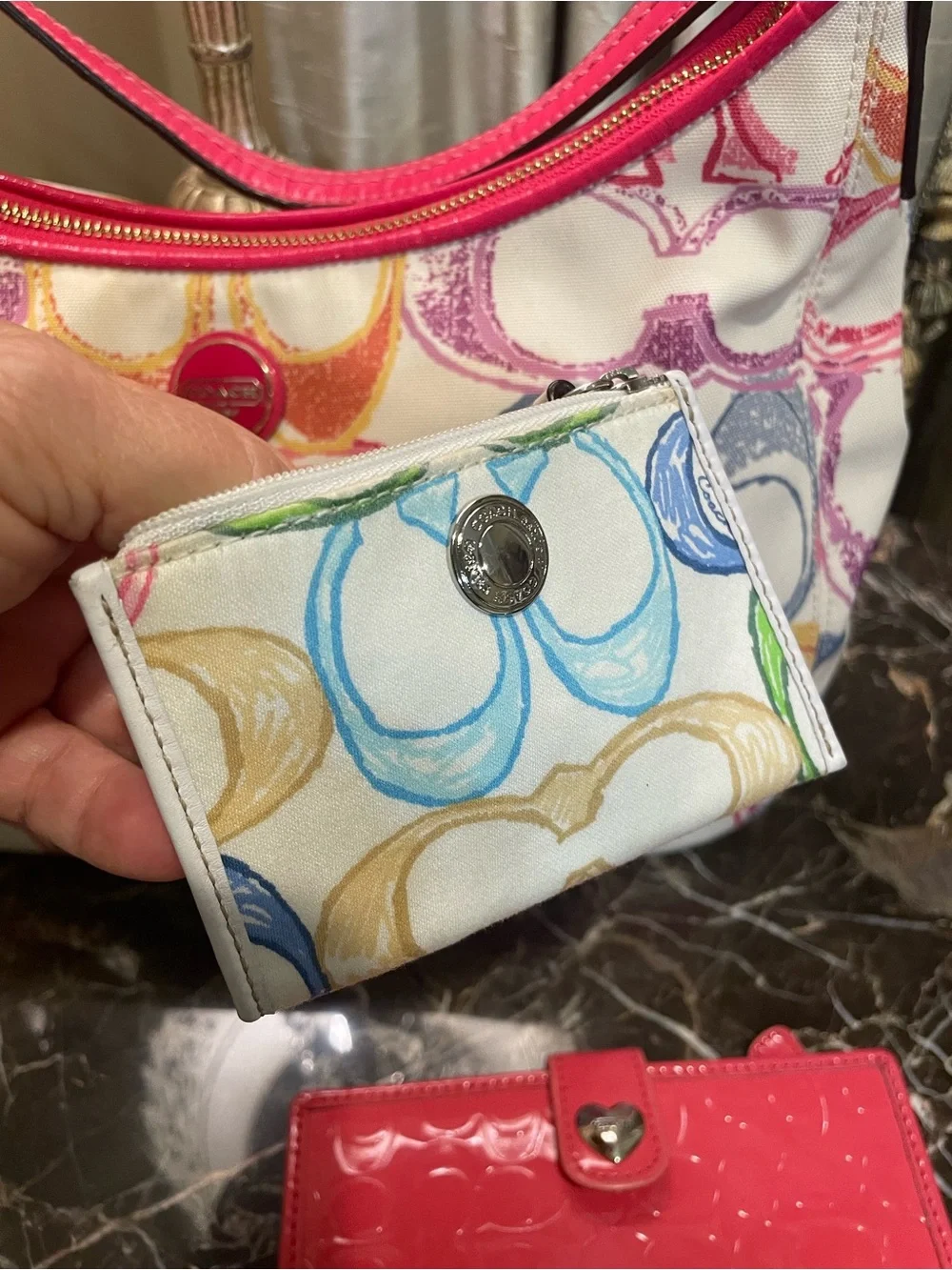Coach Multicolor Signature Canvas Hobo Bag with Pink Patent Wallet